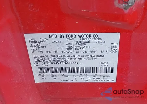 2006 Ford F-150 Fx4/Lariat/Xl/Xlt z USA, uszkodzony, nr VIN 1FTPX14V16NA99512